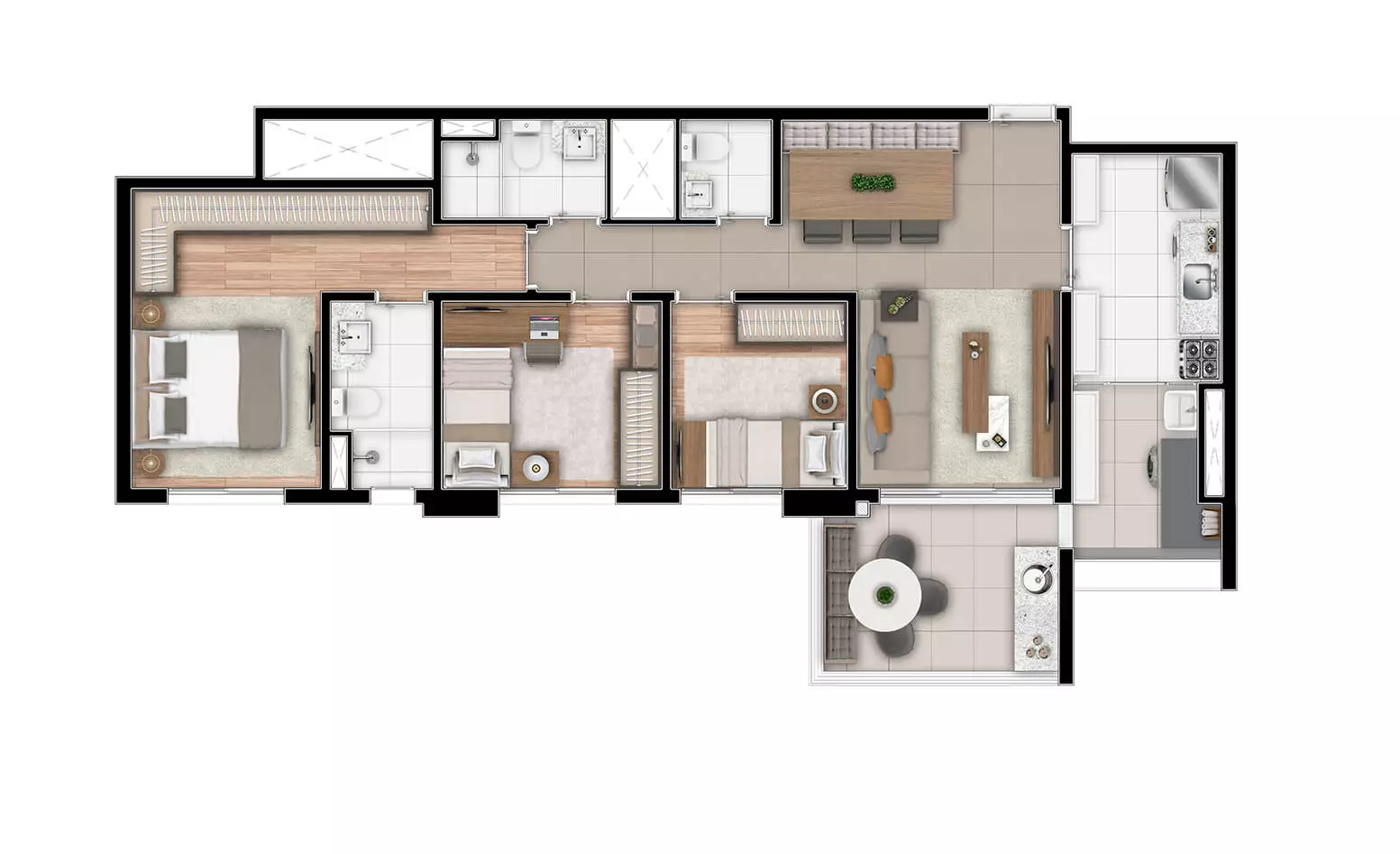 Planta 3 dorms (1 suíte) 88m²
