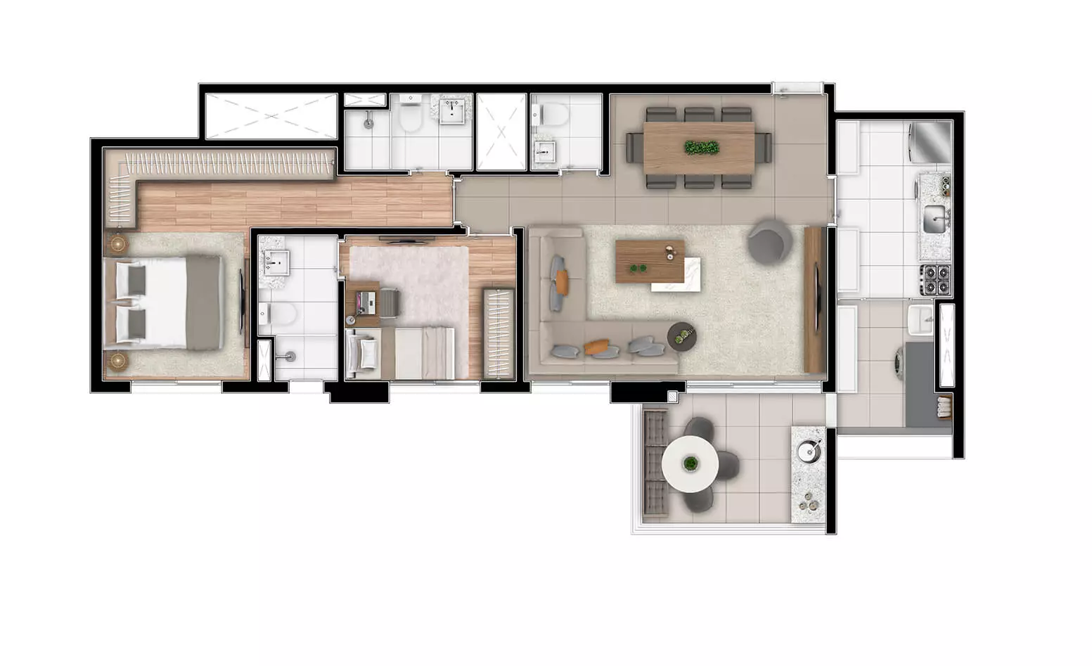 Planta 2 suítes Living Ampliado 88m²