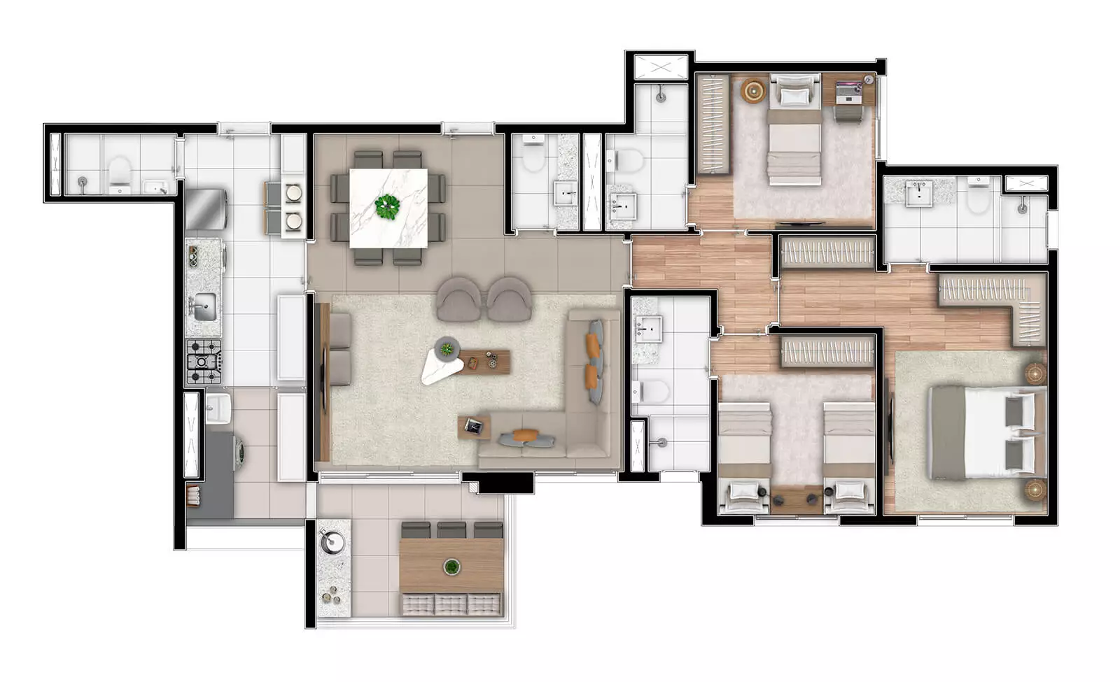 Planta 3 suítes Living Ampliado 115m²