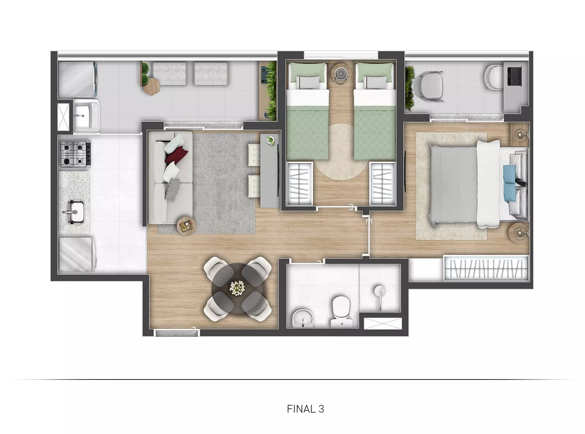 Planta 2 dorms. tipo B 45,88 m²