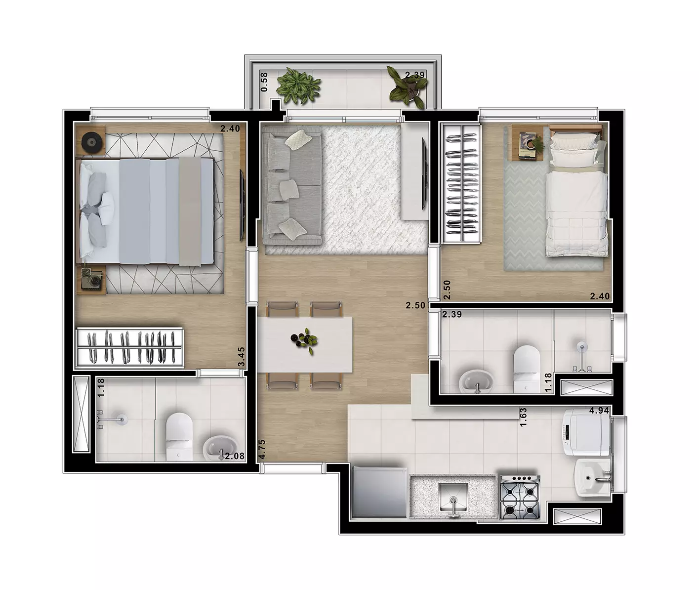 Viva Smart Freguesia - Planta 2 dorms. 1 suíte 44m²