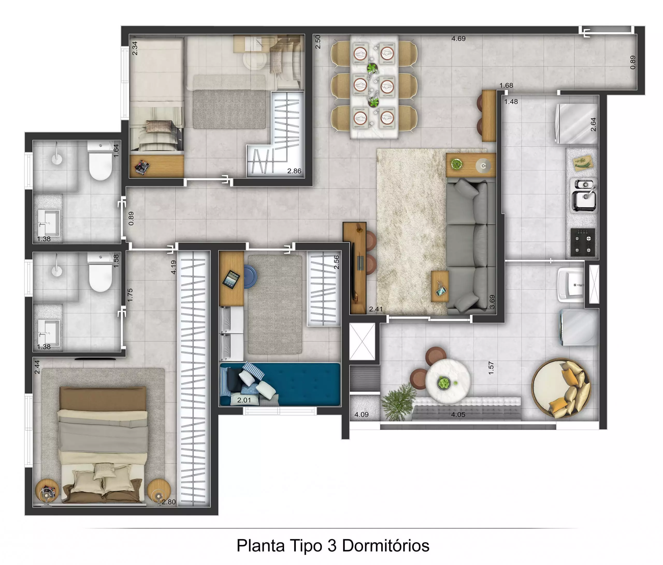 Planta Tipo 3 Dormitórios Grand Vila Formosa