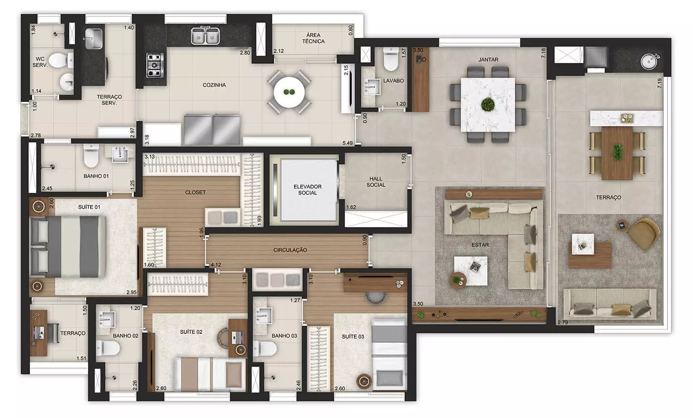 Planta 3 suítes 141m²