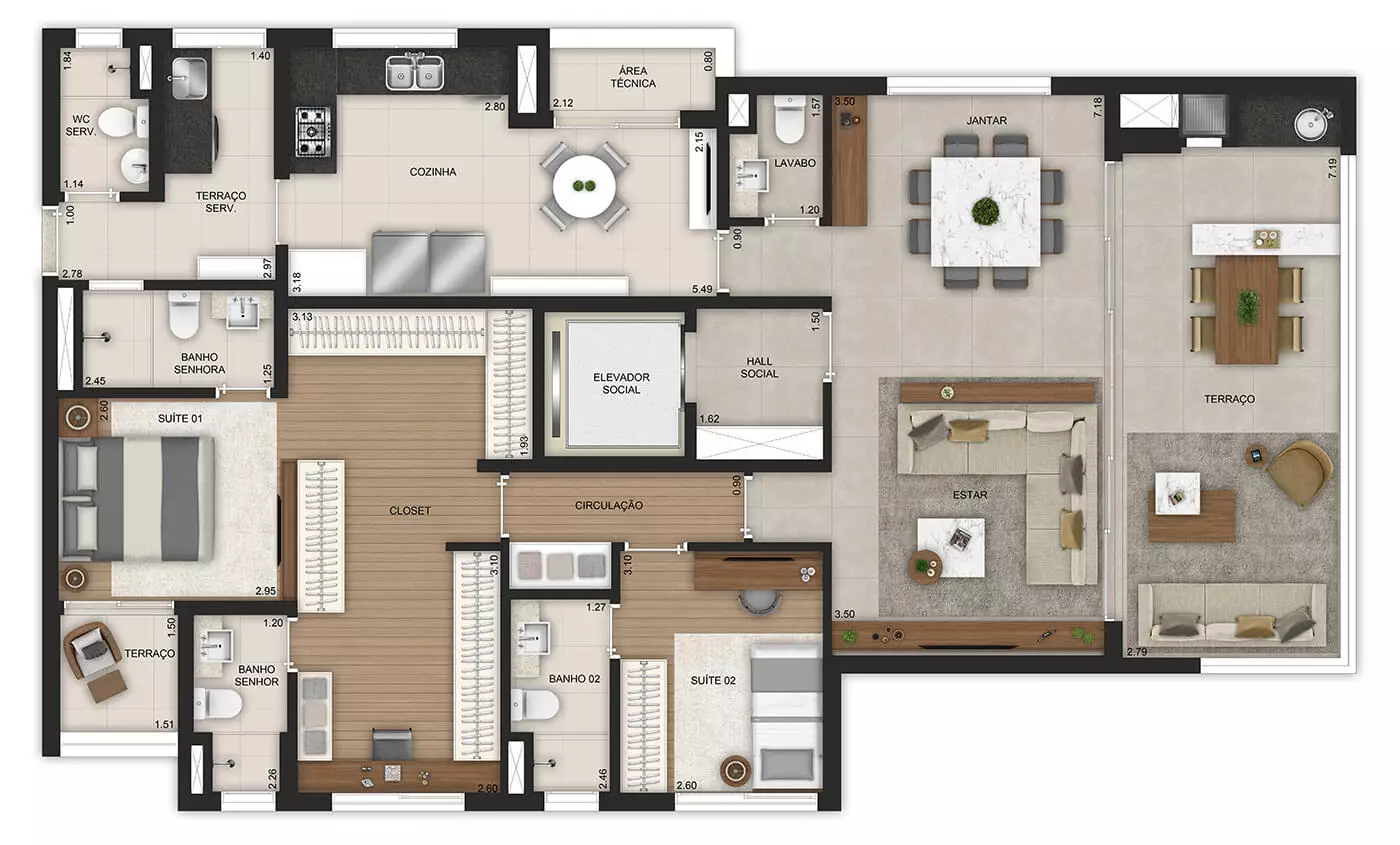 Planta suíte master ampliada 141m²